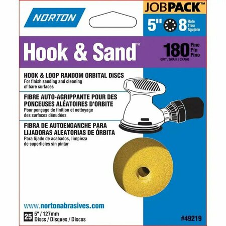 NORTON CO 5" Hook & Sand 8-Hole Sanding Disc, P180-Grit, PK 25 49219